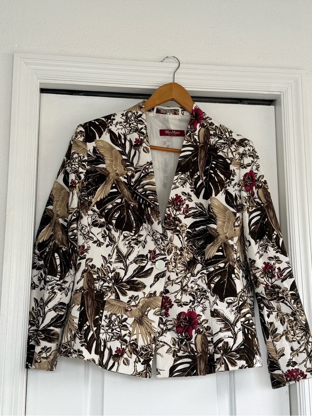 MaxMara White Blazer with Brown Tropical Parrot & Pink Floral Print